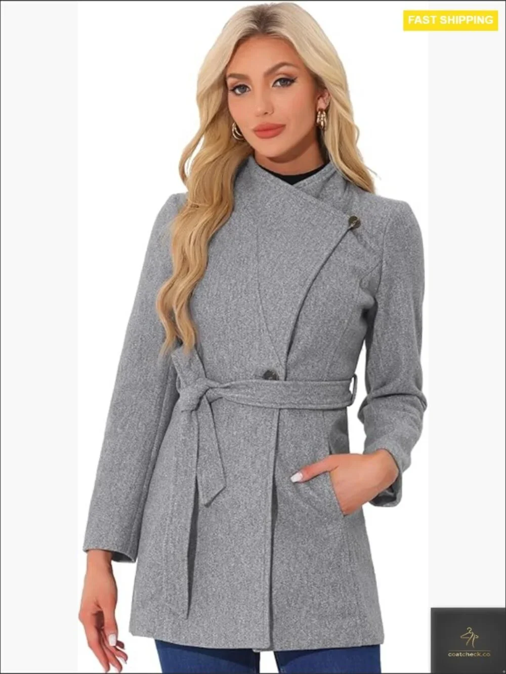 Classic Stand Collar Pea Coat Long Sleeve Winter Belted Overcoat Lined Trench